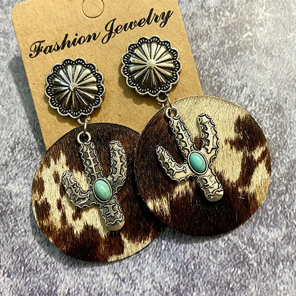 Brown Cow Print Cactus Earrings