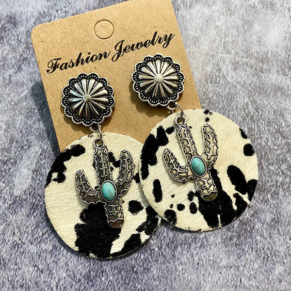 Black Cow Print Cactus Earrings