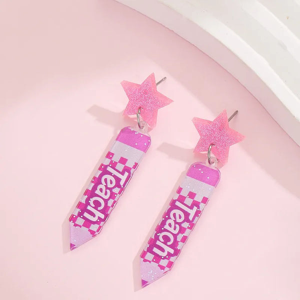 Pink Teach Pencil Earrings