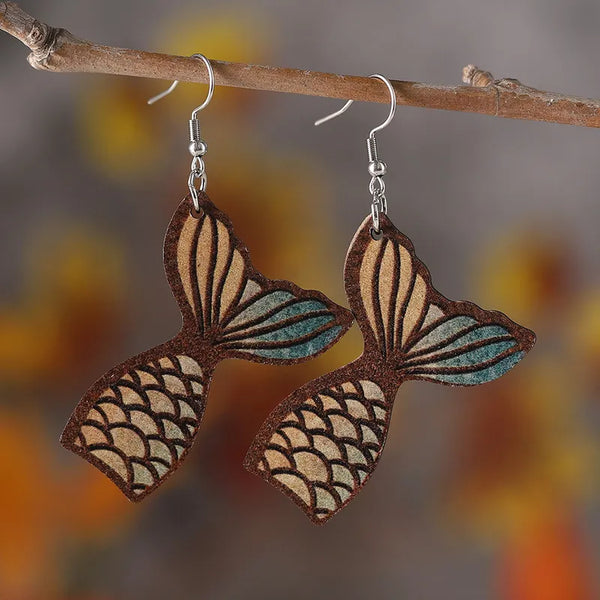 Wooden Mermaid Tail Earrings
