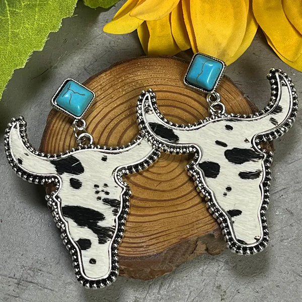 Cowhide Bull Skull Earrings