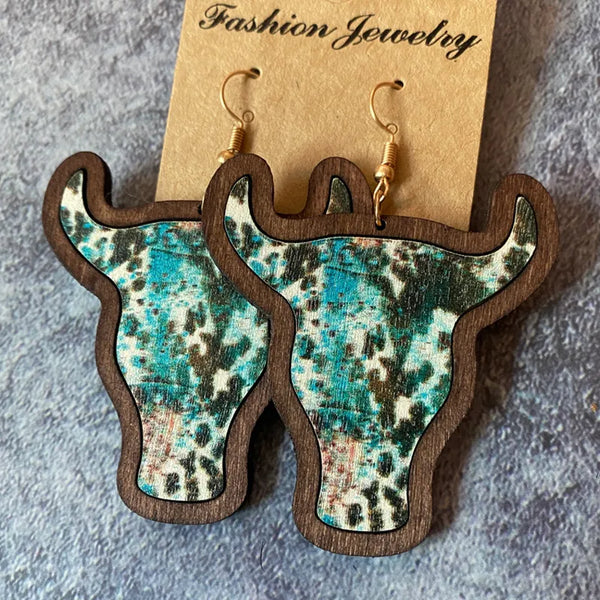 Wooden Bull Skull Earrings