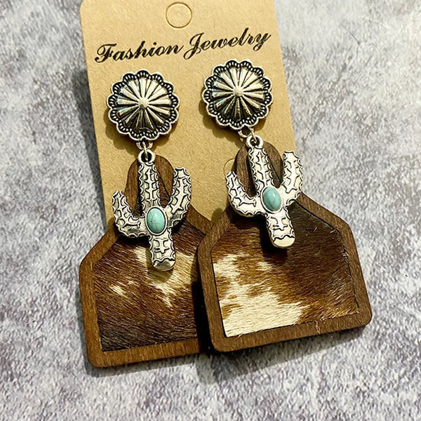 Brown Cow Tag Cactus Earrings