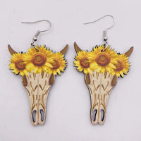 Wooden Sunflower Bull Skull Earrings