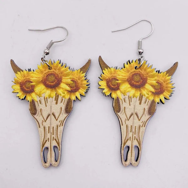 Wooden Sunflower Bull Skull Earrings