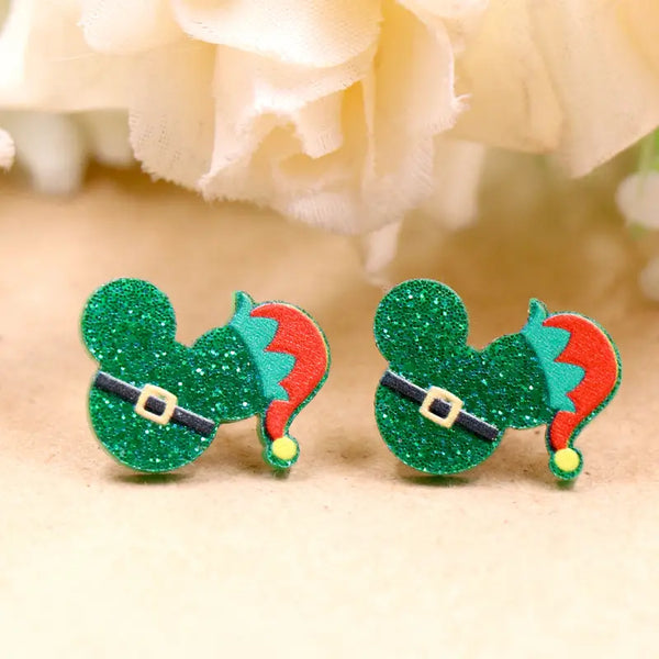 Green Mickey Santa Earrings