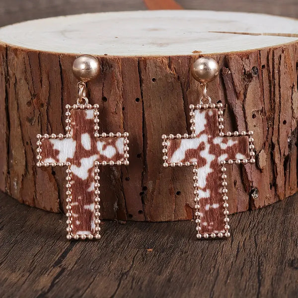 Brown Cowhide Cross Earrings