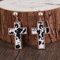 Black Cowhide Cross Earrings