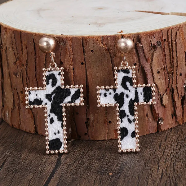 Black Cowhide Cross Earrings