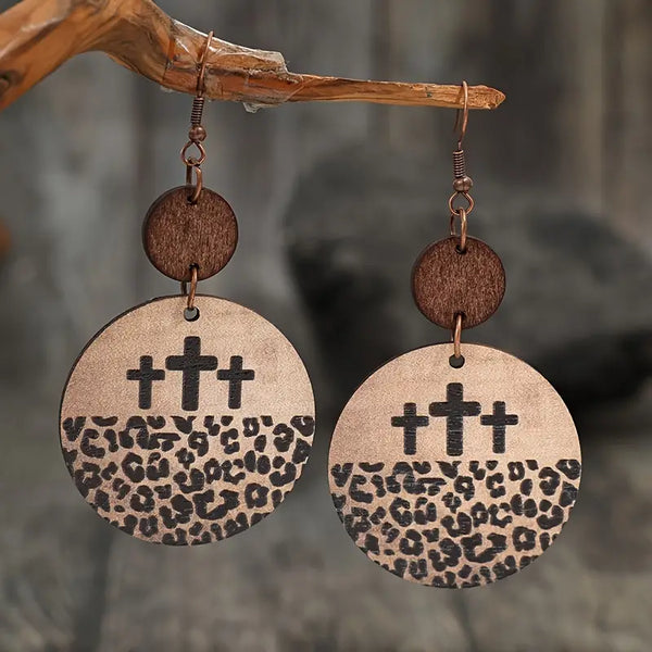 Wooden Leopard Cross Earrings