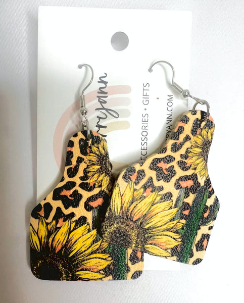 Sunflower Cactus Cow Tag Earrings