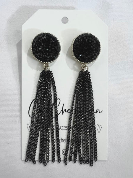 Black Druzy Tassel Earrings