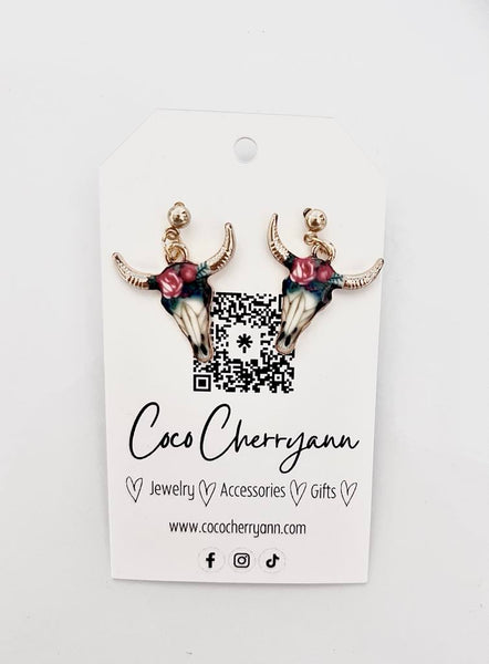 Floral Bull Skull Earrings