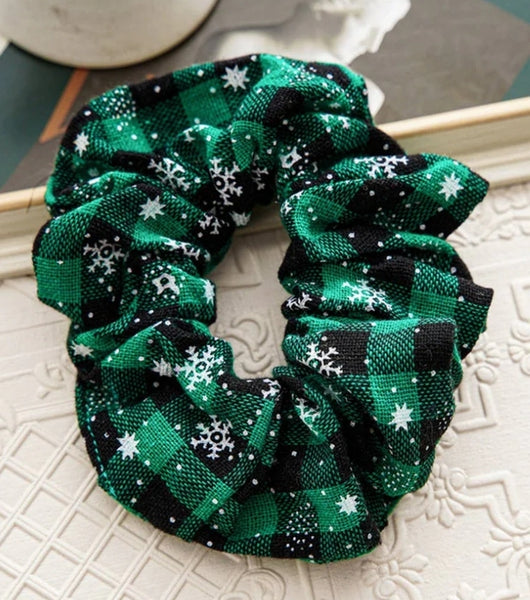 Green Plaid Snowflake Scrunchie