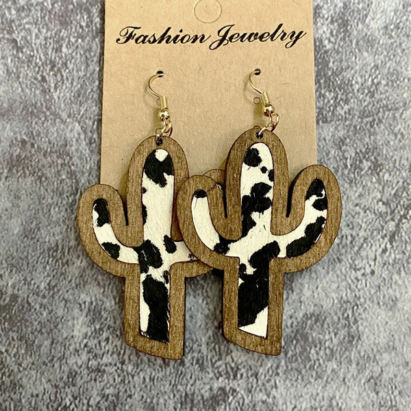 Wooden Cowhide Cactus Earrings