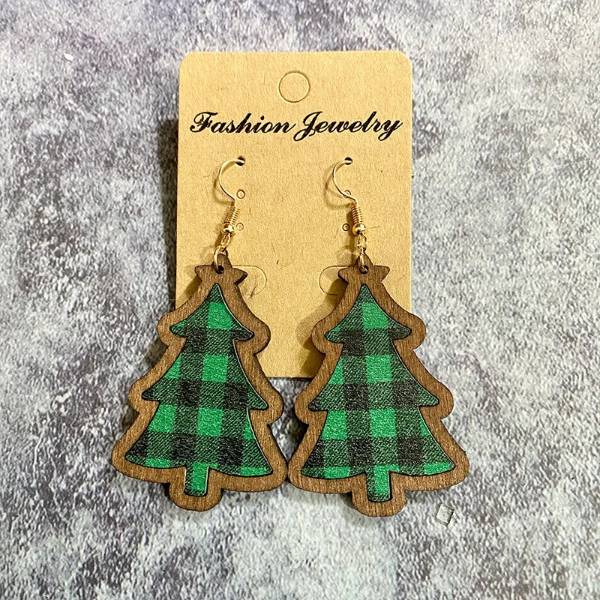 Green & Black Plaid Tree Earrings