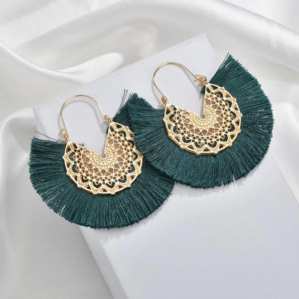 Green Boho Fringe Earrings