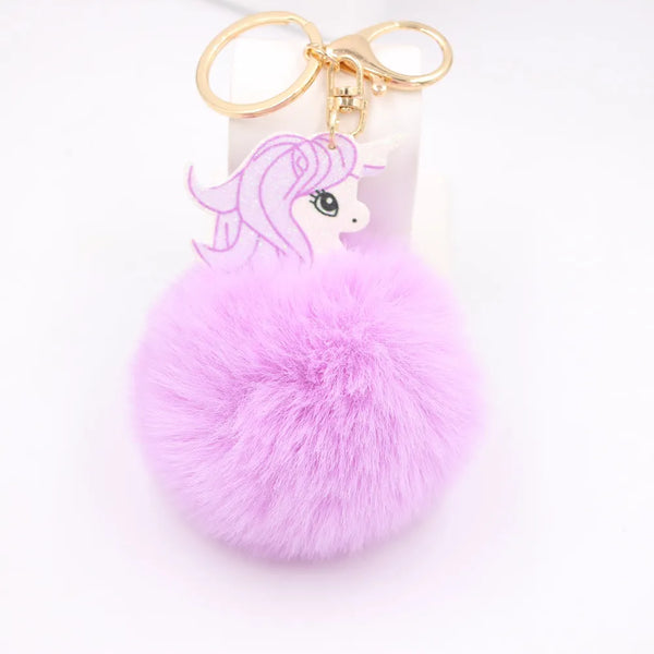 Purple Unicorn Pom Pom Keychain