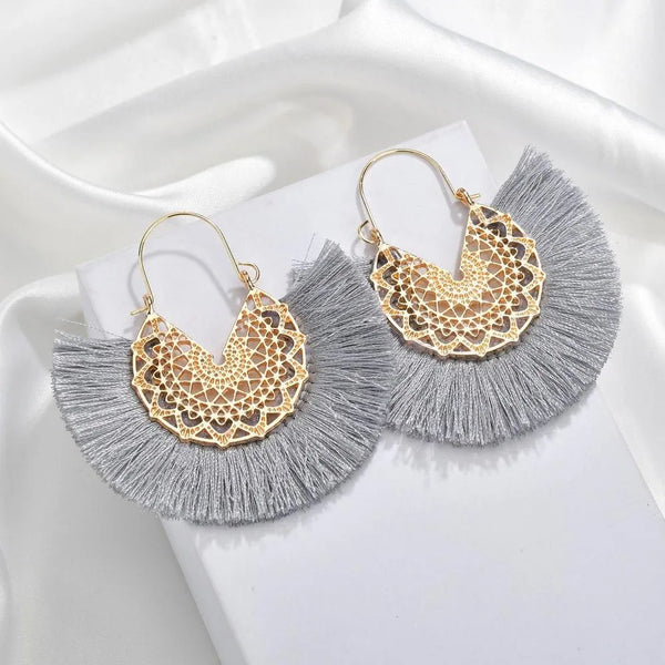 Gray Boho Fringe Earrings