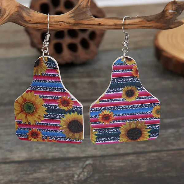 Serape Sunflower Cow Tag Earrings