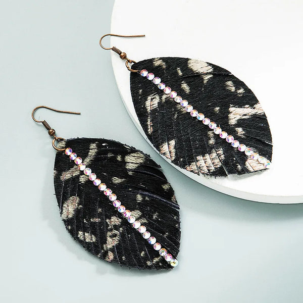 Black Rhinestone Feather Earrings