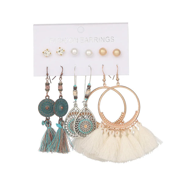 Beige Tassel Boho Earring Set