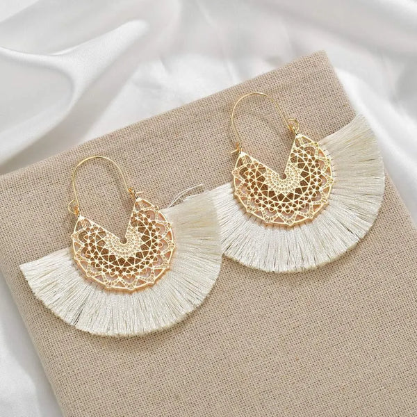 White Boho Fringe Earrings