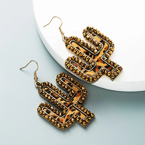 Brown Rhinestone Cactus Earrings