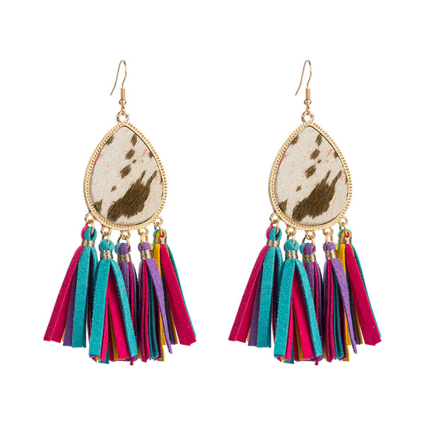 Cowhide Rainbow Tassel Earrings