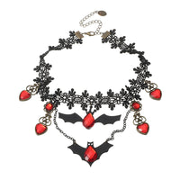 Gothic Black Lace Bat + Red Jewel Choker