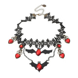 Gothic Black Lace Bat + Red Jewel Choker