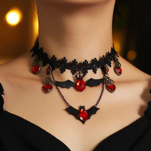Gothic Black Lace Bat + Red Jewel Choker