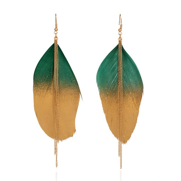 Green & Gold Feather Earrings