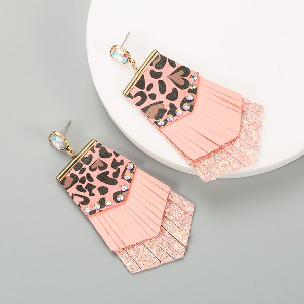 Pink Leopard Tassel Earrings