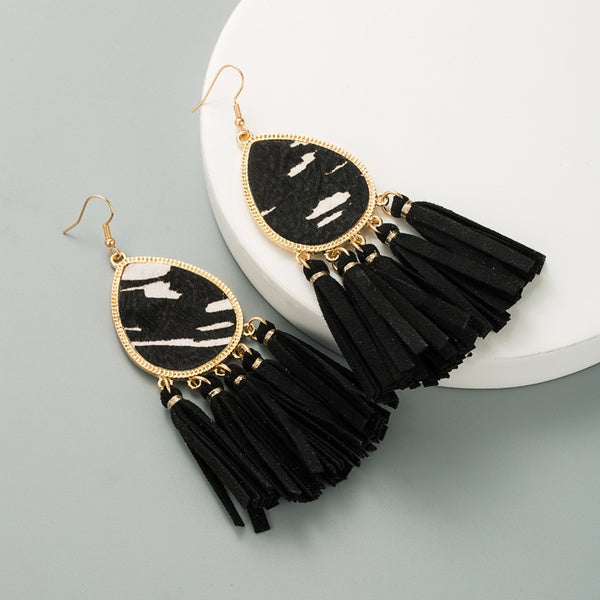 Black & White Striped Cowhide Tassel Earrings
