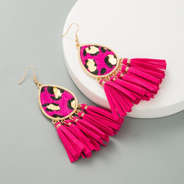 Pink Leopard Cowhide Tassel Earrings