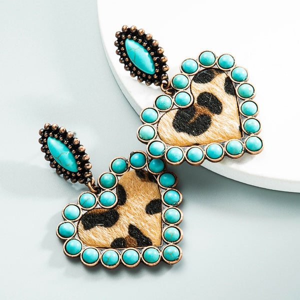 Turquoise Leopard Heart Earrings