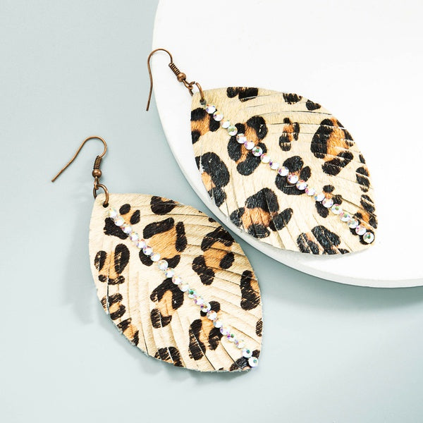 Leopard Rhinestone Feather Earrings