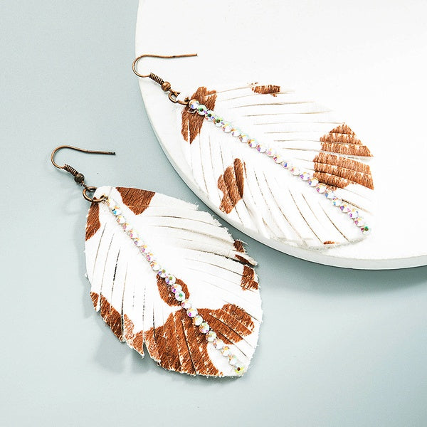 White Rhinestone Feather Earrings