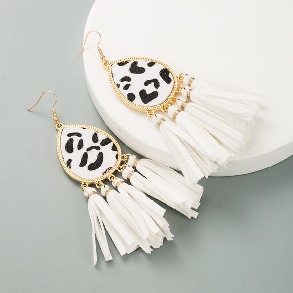 White Leopard Cowhide Tassel Earrings