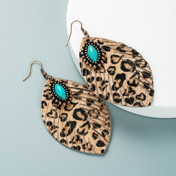 Leopard Turquoise Leaf Earrings