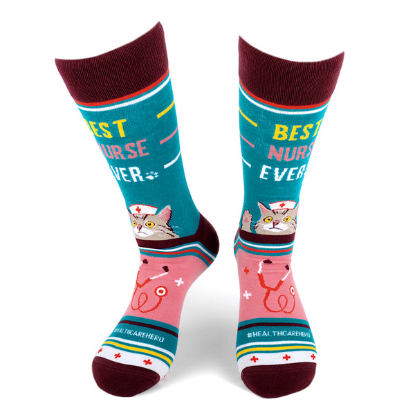 Women's Best Nurse Ever - Health Care Hero Cat - Novelty Socks